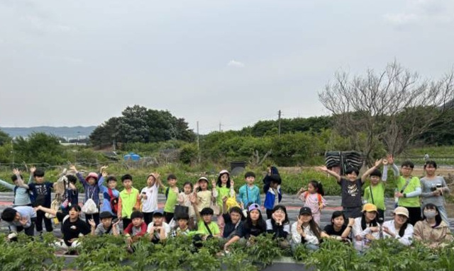이야기학교 학생들이 밭에서 현장체험을 하는 모습.